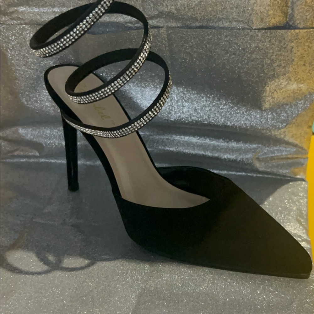 Black Rhinestone Wrap Ankle Strap Pointed High Heel Pump